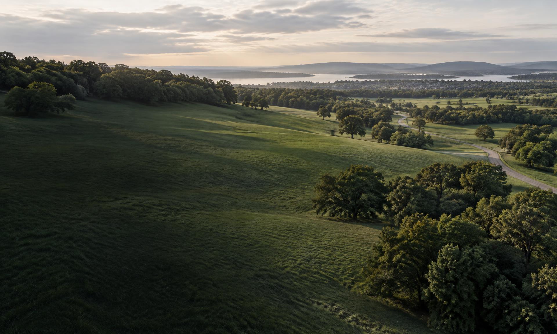 Expansive green land framed by mature oak trees